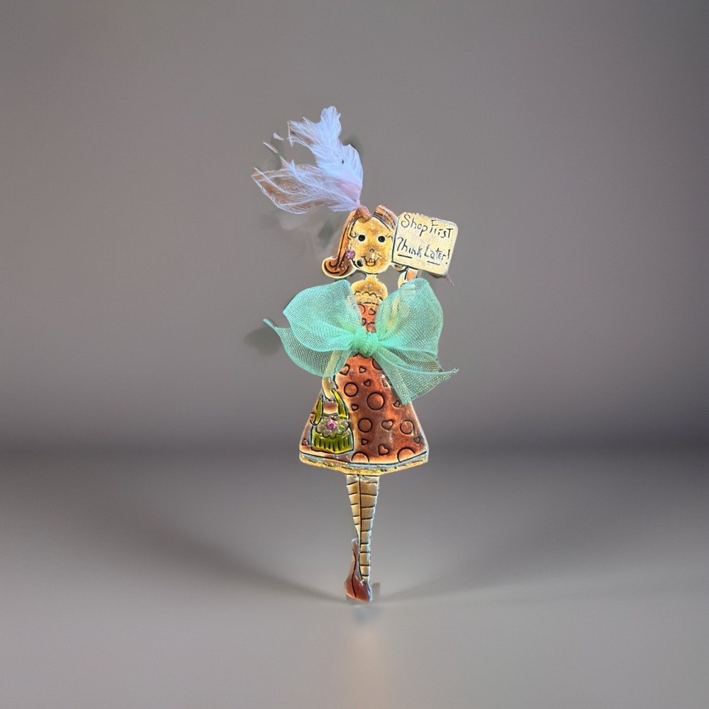 Vintage AJMC Lady "Shop Think Later " Brooch Enamel on Metal